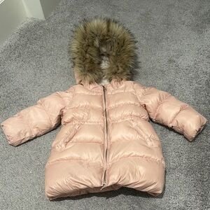 Kids Pink Puffer Jacket with Faux Fur Hood